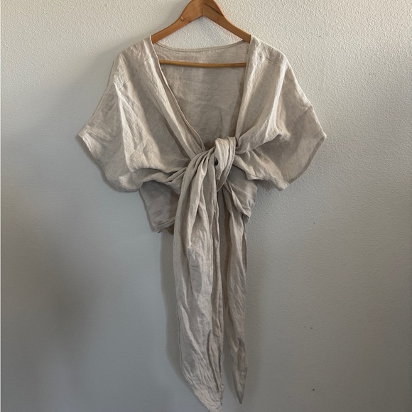 Hackwith Design House Tops - Linen Hackwith Cream Tie-Front Blouse